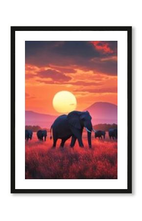 Elephant Herd Walking in African Savannah Grassland at Colorful Sunset