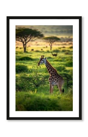 there is a giraffe standing in the middle of a field