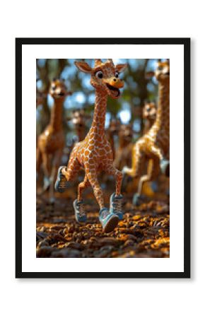 p: a 3d rendered, energetic giraffe character wearing tiny running shoes