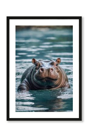 Cute baby hippopotamus swimming in water.