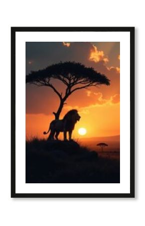 Silhouette of a majestic lion standing alone on a vast savannah, nature, safari