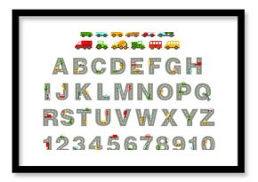 Track road alphabet, numbers. Kids learning material. alphabet and numbers with colored cars