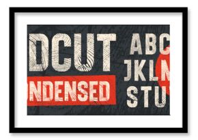 Rough Woodcut Letterpress Texture Bold Condensed Font. Detailed individually textured characters with a distressed Endgrain Tree Rings Wood Texture. Unique design font