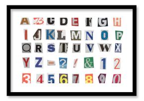 full alphabet of uppercase letters, digit numbers and symbols cut out from newspapers 