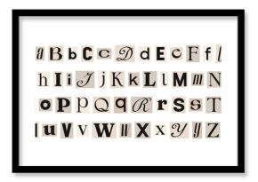 Hand drawn alphabet. Letters on pieces of paper in different colors. Set of capital and lowercase letters. Cuts from newspaper, anonymous message style Vector illustration isolated on white background