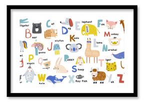 Cartoon abc childish collection. Letters with cute animals. Alphabet decorative. Great for education, poster, wall art.