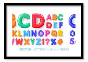 Cheerful, multi-colored, glossy, children's alphabet. Colored 3d letters and numbers. Vector illustration