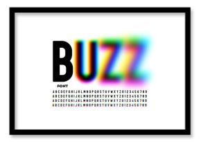 Buzz font, blurry style alphabet, letters and numbers vector illustration