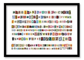 Cut out ransom vector letters alphabet. Blackmail or Ransom Kidnapper Anonymous Note Font. Latin Letters, Numbers and punctuation symbols. Criminal ransom letters. Compose your own