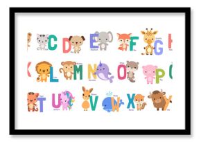 Animal alphabet poster for preschool children. Baby style kawaii animals and capital letters in alphabetical order. Cartoon animals clipart for abc learning. English language fun studying for kids.