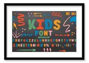 Colorful retro hand drawn alphabet letters drawing with chalk on black chalkboard
