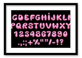 Glossy 3D bubble font in Y2K style: shiny plastic pink English alphabet letters and numbers, realistic vector illustration