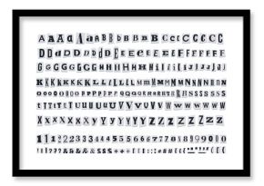 Paper Cut out ransom vector letters alphabet. Blackmail or Ransom Kidnapper Anonymous Note Font. Latin Letters, Numbers and punctuation symbols. Collage style criminal ransom letters. Compose your own