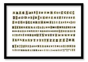 Ransom letters newspaper text cutout vector alphabet.Blackmail Paper Cut Anonymous trendy Note Font. Latin capital and lowercase letters and Numbers magazine alphabet on pieces of paper in brown color