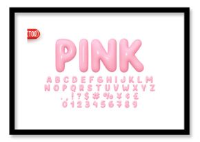 Font realistic 3d design, pink colors. Complete alphabet and numbers from 0 to 9. Collection Glossy letters in cartoon style. Fonts voluminous inflated from balloon. Vector illustration