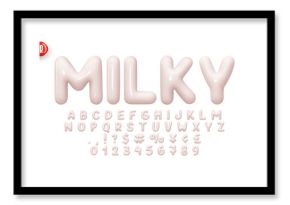 Font realistic 3d design, milky colors. Complete alphabet and numbers from 0 to 9. Collection Glossy letters in cartoon style. Fonts voluminous inflated from balloon. Vector illustration