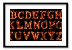 Fire font alphabet made of burning letters on black background.