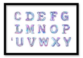 Full Alphabet, inflatable chrome letters, liquid metal, glass effect, with a smooth, shiny, iridescent holographic surface on a transparent background. Graphic element for design and print..