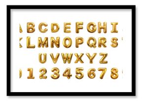 Gold foil balloon alphabet and numbers cut out png on transparent background