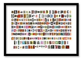 Ransom cut out color letters. Numbers, punctuation marks. Ransom note collage vector alphabet trendy paper style blackmail ransom kidnapper criminal anonymous or detective scrap font. Compose your own