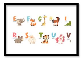 Set of flat vector illustrations and letters of the alphabet. Colorful alphabet and animals on the first letter. Children's style and white background . Vector illustration