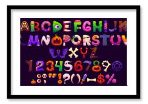 Halloween font, cartoon evil type, funny scary typeface, spooky alphabet of Helloween monster letters and numbers. Vector typography font of Halloween ghost, pumpkin, bat and mummy abc characters