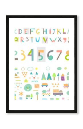 Fun and cute paper cut alphabet and figures. Isolated. Vector