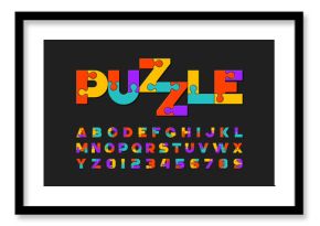 Puzzle font, colorful jigsaw puzzle alphabet letters and numbers