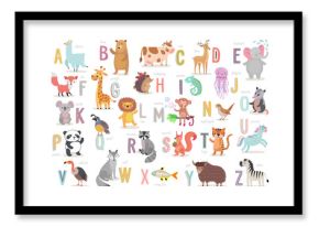 Cute Animals alphabet for kids education. Funny hand drawn style characters.