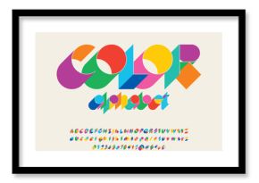 Colorful stylized alphabet design with uppercase, lowercase, numbers and symbols