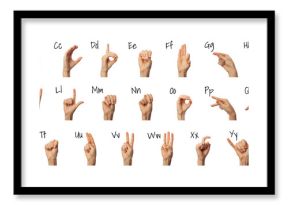 Woman showing ASL alphabet on white background. Sign language concept