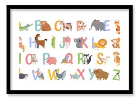 Cartoon animals alphabet for kids. Learn letters with funny animal, zoo ABC and english alphabet for kids. Alphabetically animals characters. Isolated vector icons illustration set