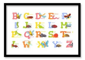 Cartoon insects alphabet. Funny bug letters, comic insect abc for kids and cute bugs vector illustration set. Educational english alphabet with colorful cartoon characters. Elementary school education