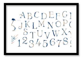 Watercolor blue marine english alphabet set with gold elements from A to Z hand drawn 