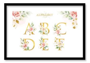 Watercolor floral alphabet set with golden leaves