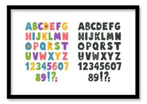 A set of isolated clipart featuring bold, brightly hand-drawn letters, vector English alphabet and symbols in a primitive naive style, illustrations