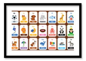 Colorful alphabet flashcards from A to Z with cute illustrations. Perfect for phonics, preschool, kindergarten, school lessons, ESL education, worksheets, posters, and learning apps.