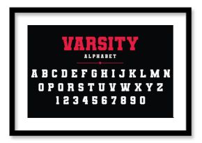 Varsity classic college font alphabet, varsity sport font for baseball, football or basketball logo, brand and t-shirt, athletic department typeface and stylish varsity alphabet