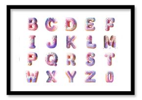 A 3D vector vibrant alphabet made of donut-shaped letters, adorned with colorful icing and sprinkles, perfect for fun designs.