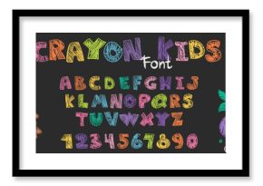 Crayon kids font, children cartoon  alphabet with doodle hand drawn letters, animals and numbers. Chalk style abc for educational banners, kindergarten, book covers. Vector illustration.