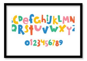 Hand drawn font with crayon or pastel texture. Sketch alphabet letters and numbers for school or kindergarten. Kids vector illustration drawn with pencil.