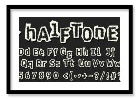 Halftone font collages. Cut out paper alphabet with dots