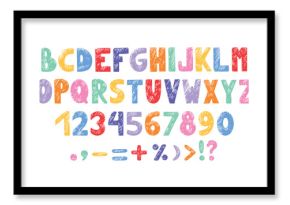 Crayon kids letters. Bright childish style alphabet numbers and marks. Color chalks scribbles abc. Kindergarten or preschool letter, neoteric vector set