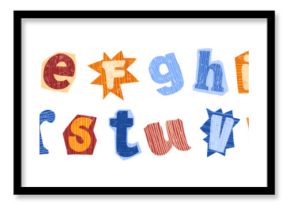 Funky kids alphabet, vector hand drawn childish collage font scribble colorful pencil texture letter. Playful nursery typography print, comic education kindergarten rudiments type. Kids alphabet art