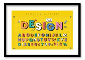 Modern playful alphabet letter and number set. Bright, vivid multicolor funky font or typography. Vector bold font for poster, flyer, book cover, greeting card, product packaging, graphic print, etc.