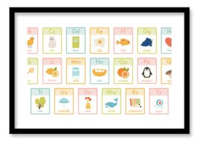 Alphabet kids cards. Kindergarten abc learning, children education animals, fruits and toys cards vector illustration set. Cute alphabet for children