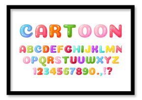 Cartoon kids font. Colorful comic alphabet for children. Cute childish bubble letters and numbers, glossy candy or jelly kid book lettering vector. Childish type for events, promotions