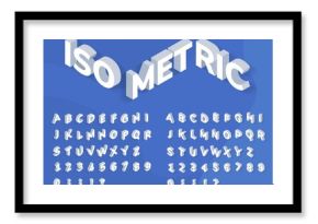 Isometric font. 3d perspective effect geometric typography. Isometrical bold alphabet letters, numbers and symbols with shadows vector set. Latin abc and punctuation marks template