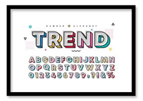 3D multicolor memphis alphabet  number set. Vector decorative pattern typography. Modern stylish font collection for headline, poster, social web, brochure, scrapbook, graphic card, etc. 