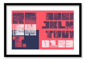 Screen Print Square Font. Works well at small sizes. Detailed individually textured characters with an eroded halftone, screen print texture. Unique design font